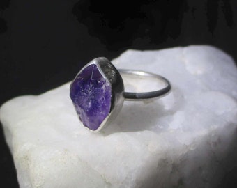 Raw Amethyst Crystal Ring, Sterling Silver, Size 5, February Birthstone Gift for Women, Natural Purple Stone