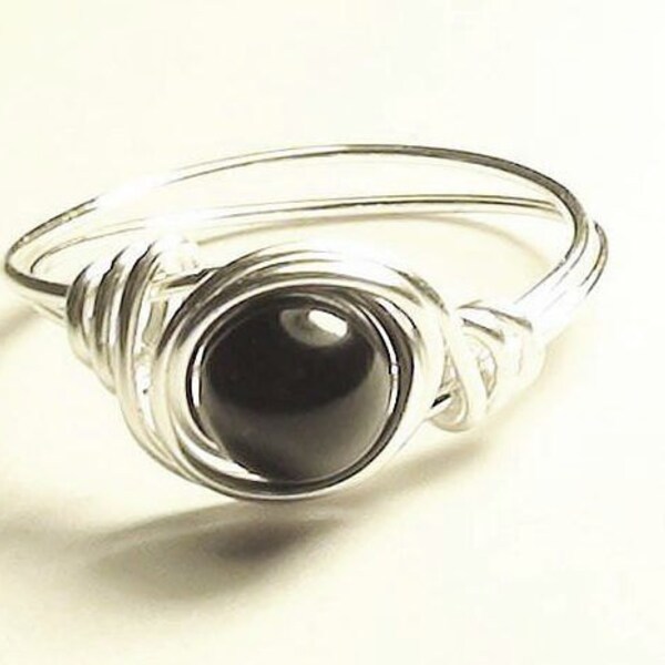 Silver and Black Onyx Gemstone Wire Wrapped Ring  Any Size