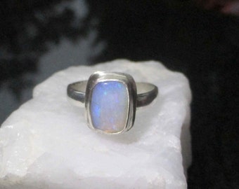 Australian Opal Ring, Handmade Silver Rings, Size 7.75, Rectangle Bar Crystal, Jewelry Gift for Women, Geometric Ring