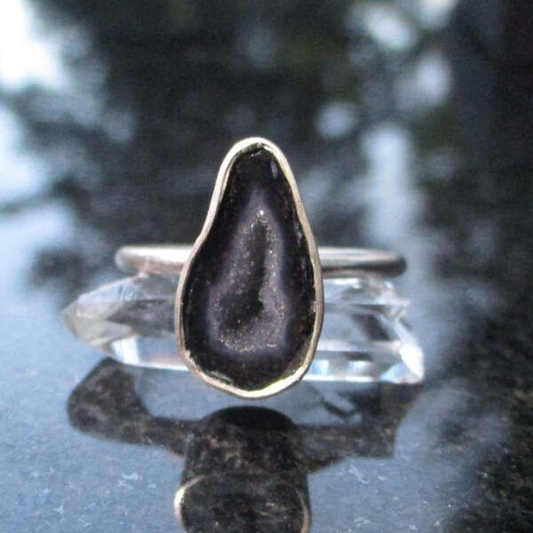 Druzy Geode Ring, Size 6.5, Raw Stone Crystal, Sterling Silver Statement Ring, Black Gemstone, Small Tabasco Geode