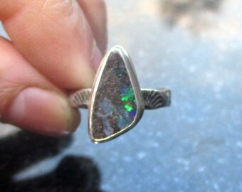 Boulder Opal Ring, Australian Opal, 925 Sterling Silver, Size 6, Freeform, Triangle, Handmade Silver Rings, Jewelry Gift for Women