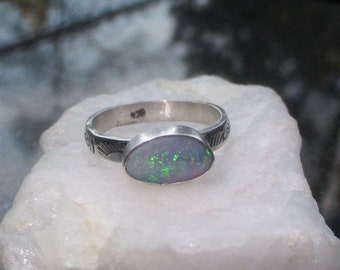 Opal Ring, 925 Sterling Silver, Natural Australian Opal, Size 7.5, Handmade, Rings for Women, October Birthstone Ring