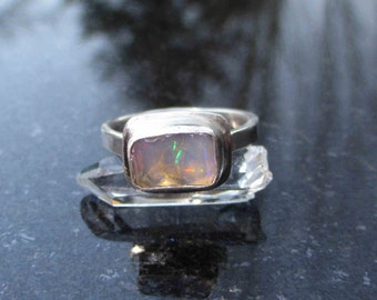 Raw Opal Ring, 925 Sterling Silver, Size 7, Handmade, Natural Mexican Opal, Rectangle, Stacking
