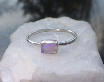 Crystal Opal Ring with Australian Opal, Sterling Silver, Size 9, Rectangle, Bar,  Handmade, Stackable, Rings for Women