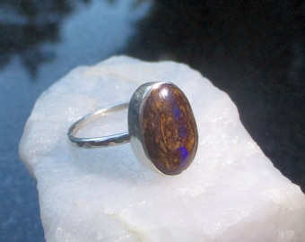 Australian Boulder Opal Ring, 925 Sterling Silver, Size 7, Handmade Rings for Women, Oval,  Queensland Boulder Opal