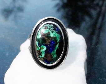 Azurite Malachite Ring, 925 Sterling Silver, Size 8, Statement, Oval Stone, Handmade,