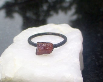 Ruby Crystal Ring, Copper, Electroformed Ring, Raw Stone, July Birthstone, Size 7.5, Crystal, Stacking Rings, Black Band, Brutalist