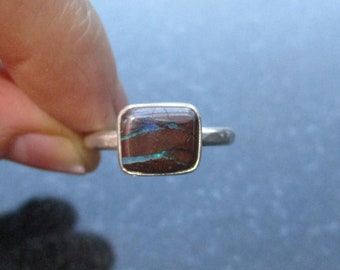 Boulder Opal Ring, 925 Sterling Silver, Statement, Rectangle, Stacking, Size 9, Handmade Rings for Women