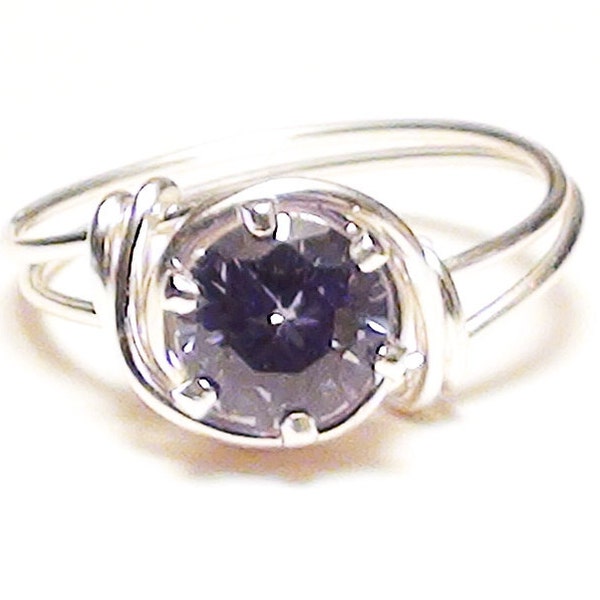Purple Tanzanite Cubic Zirconia and Silver Wire Wrapped Ring In Any Size