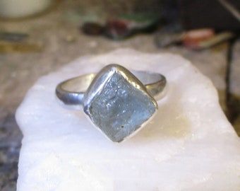 Raw Rough Aquamarine Ring, 925 Sterling Silver, Size 8, Handmade, March Birthstone, Blue Crystal, Rings for Women