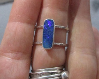 Blue Opal Ring, 925 Sterling Silver, Size 8, Bar, Rectangle, Double Band, Australian Opal, Handmade, Rings for Women