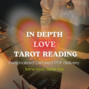 May include: Image promoting a tarot reading service. The text reads "IN DEPTH LOVE TAROT READING" with additional text below. Several tarot cards are visible, along with a book and a glass of liquid. The background has a soft, glowing effect.