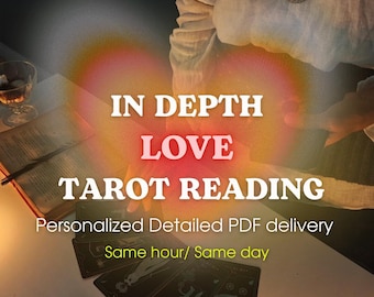 Op de afbeelding: Afbeelding die een tarotleesservice promoot. De tekst luidt "IN DEPTH LOVE TAROT READING". Er zijn verschillende tarotkaarten zichtbaar, samen met een boek en een glas vloeistof. De achtergrond heeft een zacht, gloeiend effect.