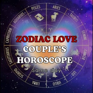Może przedstawiać: Grafika cyfrowa z kołem zodiaku i symbolami astrologicznymi. Tekst "ZODIAC LOVE COUPLE'S HOROSCOPE" jest czerwony. Tło to gradient fioletu i niebieskiego z kształtem serca.