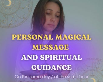 May include: Image features a woman with text overlay: "PERSONAL MAGICAL MESSAGE AND SPIRITUAL GUIDANCE." The text is in gold against a purple gradient. A book and pen are visible. The background includes astrological charts.