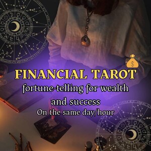 May include: Image features the text "FINANCIAL TAROT" with the tagline "fortune-telling for wealth and success." A gold money bag icon is present. The image has a mystical theme with astrological charts and tarot cards.