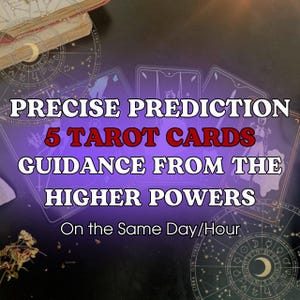 May include: Image featuring tarot cards with the text "PRECISE PREDICTION 5 TAROT CARDS GUIDANCE FROM THE HIGHER POWERS On the Same Day/Hour". The cards are on a purple background with astrological symbols.