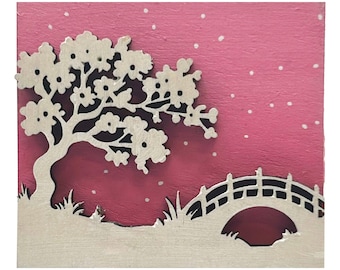 Árbol de cerezo en flor - Pin y imán de madera