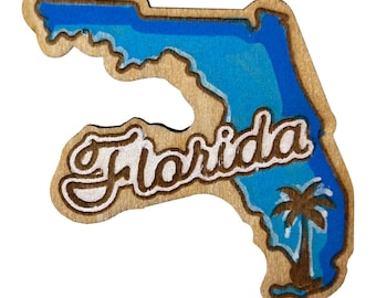 Blue Florida State Outline and Palm Tree - Wooden Pin & Magnet