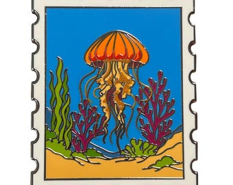 Pacific Sea Nettle Jellyfish - Postage Stamp - Lapel Pin With Magnet