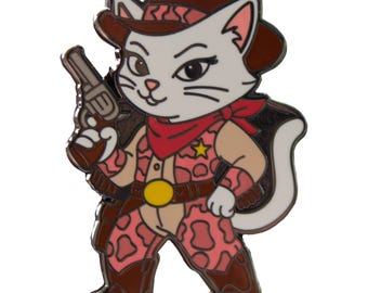Cat Cowgirl - Lapel Pin With Magnet - Wearing Pink Cow Print Chaps