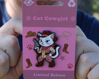 Cat Cowgirl Pin - Wearing Pink Cow Print Chaps