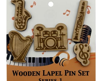 S1 - 2026 - Musical Instruments - Wooden Lapel Pin Set of 5 - With Magnets