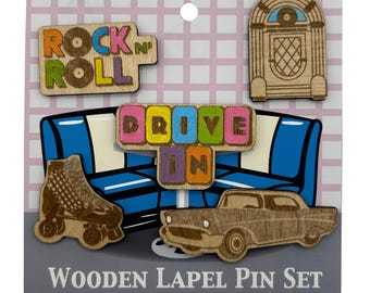 2026 - Retro Diner - Wooden Lapel Pin Set of 5 - With Magnets