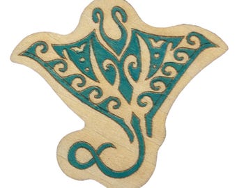 Teal Manta Ray - Wooden Lapel Pin & Magnet