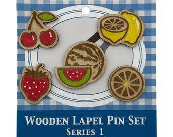 S1 - 2026 - Classic Fruits - Wooden Lapel Pin Set of 5 - With Magnets