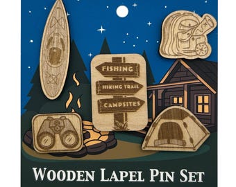 2026 - Camping - Wooden Lapel Pin Set of 5 - With Magnets
