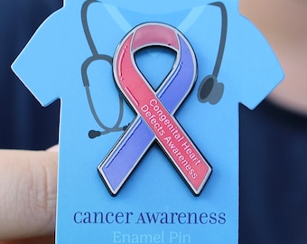 CHD Awareness Ribbon Enamel Pin - Congenital Heart Defect Support Gift, Red and Blue