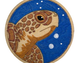 Loggerhead Sea Turtle Profile - Wooden Lapel Pin & Magnet
