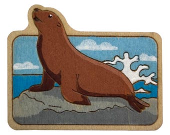 Sea Lion on Rock - Wooden Lapel Pin & Magnet
