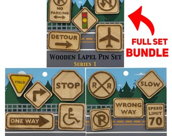 2026 - Road Signs Bundle - Wooden Lapel Pin Set of 15 - With Magnets