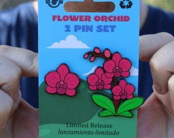 Pink Orchid Enamel Pin Set - 2 Hard Enamel Flower Lapel Pins, Floral Botanical Gift