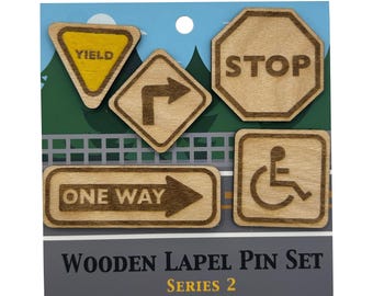 S2 - 2026 - Road Signs - Wooden Lapel Pin Set of 5 - With Magnets