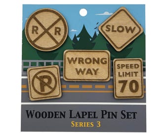 S3 - 2026 - Road Signs - Wooden Lapel Pin Set of 5 - With Magnets