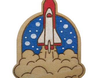 Rocket Ship - Wooden Lapel Pin & Magnet