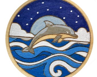 Dolphin Jumping Over Moonlit Waves - Wooden Lapel Pin & Magnet