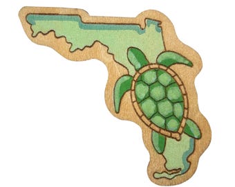 Tortuga verde y contorno del estado de Florida - Pin de madera e imán
