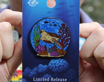 Sea Turtle Hard Enamel Pin - Green Sea Turtle Swimming in Coral Reef, Ocean Animal Lapel Pin