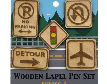 S1 - 2026 - Road Signs - Wooden Lapel Pin Set of 5 - With Magnets