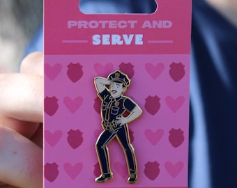 Police Officer Enamel Pin, Sassy Dancing Cop “Protect and Serve” Funny Enamel Lapel Collectible