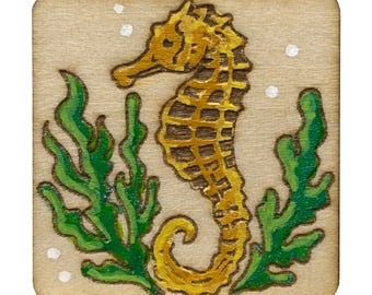 Golden Seahorse - Wooden Lapel Pin & Magnet