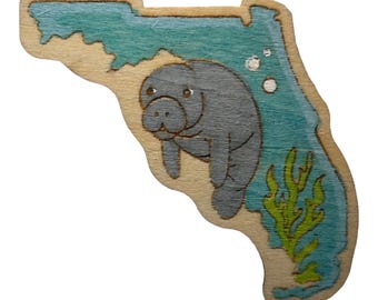 Manatí y contorno del estado de Florida - Pin de madera e imán