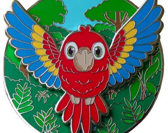 Scarlet Macaw Flying In Rainforest - Lapel Pin With Magnet