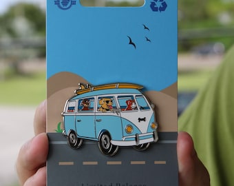 Canine Cruiser Dog Enamel Pin - Dogs Driving Retro Bus Travel Lapel Pin