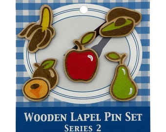 S2 - 2026 - Classic Fruits - Wooden Lapel Pin Set of 5 - With Magnets