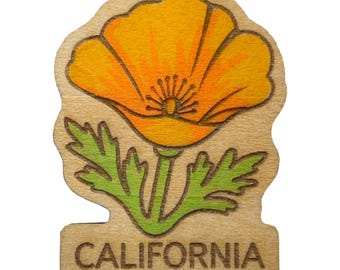 Flor de amapola de California - Pin y imán de madera
